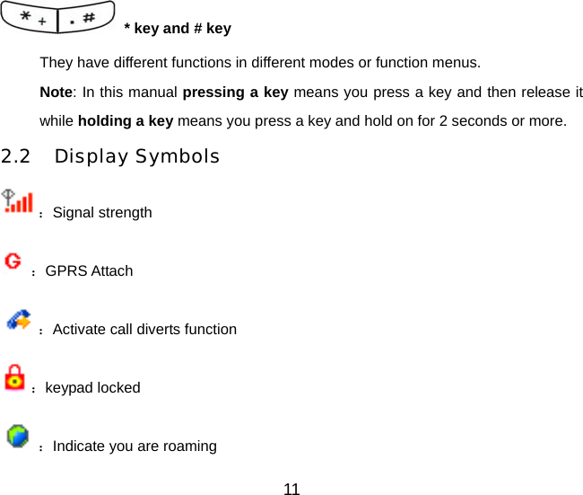 11  * key and # key They have different functions in different modes or function menus. Note: In this manual pressing a key means you press a key and then release it while holding a key means you press a key and hold on for 2 seconds or more. 2.2 Display Symbols ：Signal strength ：GPRS Attach ：Activate call diverts function ：keypad locked ：Indicate you are roaming 