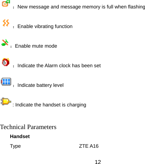 12 ：New message and message memory is full when flashing ：Enable vibrating function ：Enable mute mode ：Indicate the Alarm clock has been set ：Indicate battery level : Indicate the handset is charging  Technical Parameters Handset Type       ZTE A16 