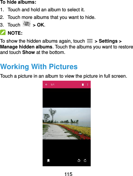 115 To hide albums: 1.  Touch and hold an album to select it. 2.  Touch more albums that you want to hide. 3.  Touch    &gt; OK.   NOTE: To show the hidden albums again, touch    &gt; Settings &gt; Manage hidden albums. Touch the albums you want to restore and touch Show at the bottom. Working With Pictures Touch a picture in an album to view the picture in full screen.  