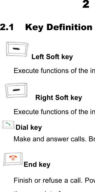 2 2.1 Key Definition Left Soft key Execute functions of the in Right Soft key Execute functions of the inDial key Make and answer calls. BrEnd key Finish or refuse a call. Powthit f