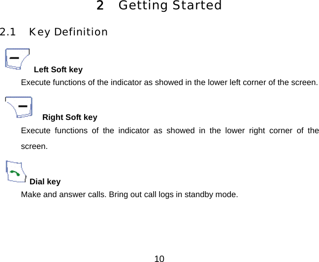 10 2  Getting Started 2.1 Key Definition Left Soft key Execute functions of the indicator as showed in the lower left corner of the screen.  Right Soft key Execute functions of the indicator as showed in the lower right corner of the screen. Dial key Make and answer calls. Bring out call logs in standby mode. 
