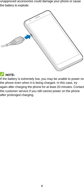  6 unapproved accessories could damage your phone or cause the battery to explode.   NOTE: If the battery is extremely low, you may be unable to power on the phone even when it is being charged. In this case, try again after charging the phone for at least 20 minutes. Contact the customer service if you still cannot power on the phone after prolonged charging. 