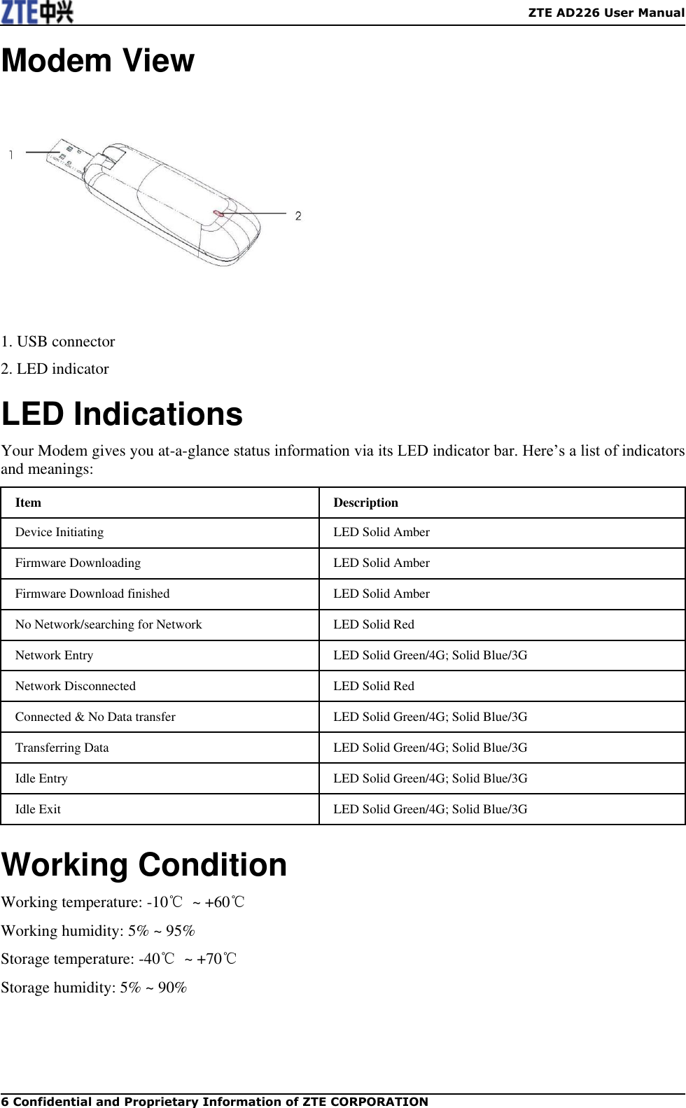    ZTE AD226 User Manual 6 Confidential and Proprietary Information of ZTE CORPORATION Modem View  1. USB connector 2. LED indicator LED Indications Your Modem gives you at-a-glance status information via its LED indicator bar. Here‟s a list of indicators and meanings: Item Description Device Initiating LED Solid Amber Firmware Downloading LED Solid Amber Firmware Download finished LED Solid Amber No Network/searching for Network LED Solid Red Network Entry LED Solid Green/4G; Solid Blue/3G Network Disconnected LED Solid Red Connected &amp; No Data transfer LED Solid Green/4G; Solid Blue/3G Transferring Data LED Solid Green/4G; Solid Blue/3G Idle Entry LED Solid Green/4G; Solid Blue/3G Idle Exit LED Solid Green/4G; Solid Blue/3G  Working Condition Working temperature: -10℃  ~ +60℃ Working humidity: 5% ~ 95% Storage temperature: -40℃  ~ +70℃ Storage humidity: 5% ~ 90%  