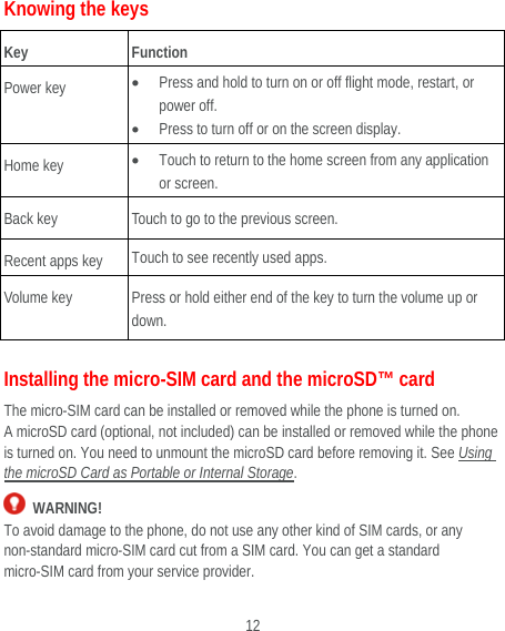  12 Knowing the keys Key Function Power key   Press and hold to turn on or off flight mode, restart, or power off.  Press to turn off or on the screen display. Home key   Touch to return to the home screen from any application or screen. Back key  Touch to go to the previous screen. Recent apps key  Touch to see recently used apps. Volume key  Press or hold either end of the key to turn the volume up or down. Installing the micro-SIM card and the microSD™ card The micro-SIM card can be installed or removed while the phone is turned on. A microSD card (optional, not included) can be installed or removed while the phone is turned on. You need to unmount the microSD card before removing it. See Using the microSD Card as Portable or Internal Storage.  WARNING! To avoid damage to the phone, do not use any other kind of SIM cards, or any non-standard micro-SIM card cut from a SIM card. You can get a standard micro-SIM card from your service provider. 