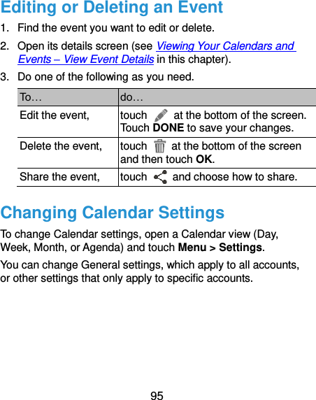  95 Editing or Deleting an Event 1.  Find the event you want to edit or delete. 2.  Open its details screen (see Viewing Your Calendars and Events – View Event Details in this chapter). 3.  Do one of the following as you need. To… do… Edit the event, touch    at the bottom of the screen. Touch DONE to save your changes. Delete the event, touch    at the bottom of the screen and then touch OK. Share the event, touch    and choose how to share. Changing Calendar Settings To change Calendar settings, open a Calendar view (Day, Week, Month, or Agenda) and touch Menu &gt; Settings. You can change General settings, which apply to all accounts, or other settings that only apply to specific accounts.  