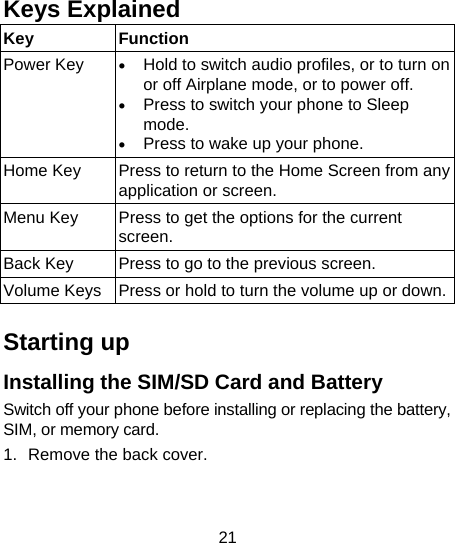 21      Keys Explained   Key Function Power Key  • Hold to switch audio profiles, or to turn on or off Airplane mode, or to power off. • Press to switch your phone to Sleep mode. • Press to wake up your phone. Home Key  Press to return to the Home Screen from any application or screen. Menu Key  Press to get the options for the current screen. Back Key  Press to go to the previous screen. Volume Keys  Press or hold to turn the volume up or down. Starting up Installing the SIM/SD Card and Battery Switch off your phone before installing or replacing the battery, SIM, or memory card.   1.  Remove the back cover. 