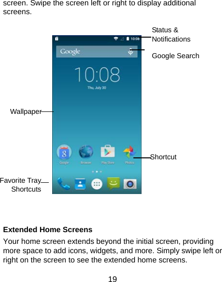  19 screen. Swipe the screen left or right to display additional screens.       Extended Home Screens Your home screen extends beyond the initial screen, providing more space to add icons, widgets, and more. Simply swipe left or right on the screen to see the extended home screens. Status &amp; Notifications Wallpaper Favorite Tray Shortcuts Shortcut Google Search 