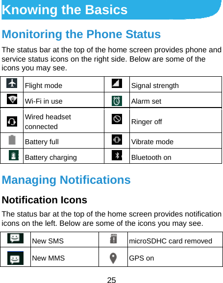  25 Knowing the Basics Monitoring the Phone Status The status bar at the top of the home screen provides phone and service status icons on the right side. Below are some of the icons you may see.  Flight mode  Signal strength  Wi-Fi in use  Alarm set  Wired headset connected  Ringer off  Battery full  Vibrate mode     Battery charging  Bluetooth on Managing Notifications Notification Icons The status bar at the top of the home screen provides notification icons on the left. Below are some of the icons you may see.  New SMS   microSDHC card removed  New MMS  GPS on 