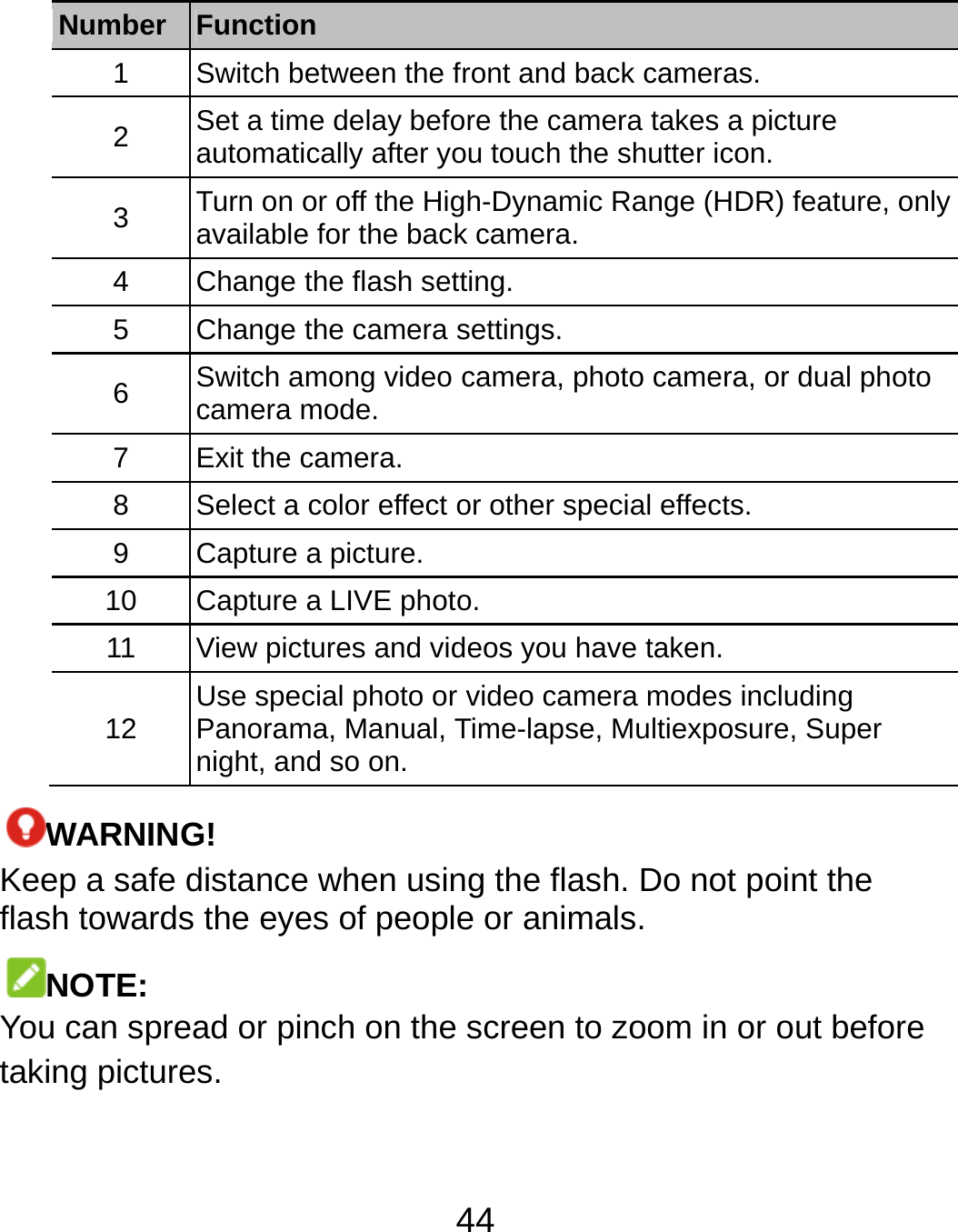  44 Number  Function 1  Switch between the front and back cameras. 2  Set a time delay before the camera takes a picture automatically after you touch the shutter icon. 3  Turn on or off the High-Dynamic Range (HDR) feature, only available for the back camera. 4  Change the flash setting. 5  Change the camera settings. 6  Switch among video camera, photo camera, or dual photo camera mode. 7 Exit the camera. 8  Select a color effect or other special effects. 9 Capture a picture. 10  Capture a LIVE photo. 11  View pictures and videos you have taken. 12  Use special photo or video camera modes including Panorama, Manual, Time-lapse, Multiexposure, Super night, and so on.   WARNING! Keep a safe distance when using the flash. Do not point the flash towards the eyes of people or animals. NOTE: You can spread or pinch on the screen to zoom in or out before taking pictures.  