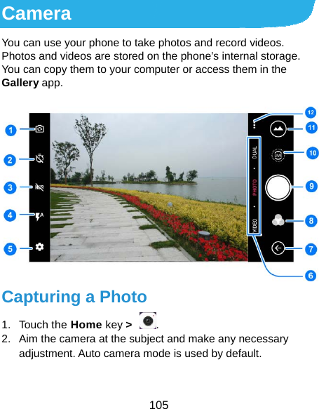  105 Camera You can use your phone to take photos and record videos. Photos and videos are stored on the phone’s internal storage. You can copy them to your computer or access them in the Gallery app.  Capturing a Photo 1. Touch the Home key &gt;  . 2.  Aim the camera at the subject and make any necessary adjustment. Auto camera mode is used by default.  