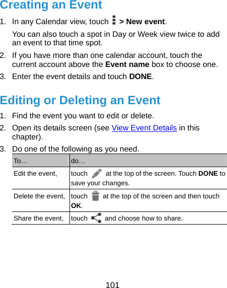  101 Creating an Event 1.  In any Calendar view, touch    &gt; New event. You can also touch a spot in Day or Week view twice to add an event to that time spot. 2.  If you have more than one calendar account, touch the current account above the Event name box to choose one. 3.  Enter the event details and touch DONE. Editing or Deleting an Event 1.  Find the event you want to edit or delete. 2.  Open its details screen (see View Event Details in this chapter). 3.  Do one of the following as you need. To…  do… Edit the event,  touch    at the top of the screen. Touch DONE to save your changes. Delete the event, touch    at the top of the screen and then touch OK. Share the event, touch    and choose how to share.  