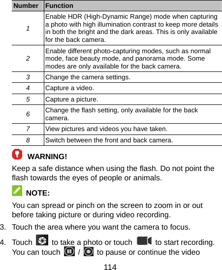  114  Number  Function 1 Enable HDR (High-Dynamic Range) mode when capturing a photo with high illumination contrast to keep more details in both the bright and the dark areas. This is only available for the back camera. 2  Enable different photo-capturing modes, such as normal mode, face beauty mode, and panorama mode. Some modes are only available for the back camera. 3  Change the camera settings. 4  Capture a video. 5  Capture a picture. 6  Change the flash setting, only available for the back camera. 7  View pictures and videos you have taken. 8  Switch between the front and back camera. WARNING! Keep a safe distance when using the flash. Do not point the flash towards the eyes of people or animals.  NOTE: You can spread or pinch on the screen to zoom in or out before taking picture or during video recording. 3.  Touch the area where you want the camera to focus.   4. Touch    to take a photo or touch    to start recording. You can touch   /    to pause or continue the video 