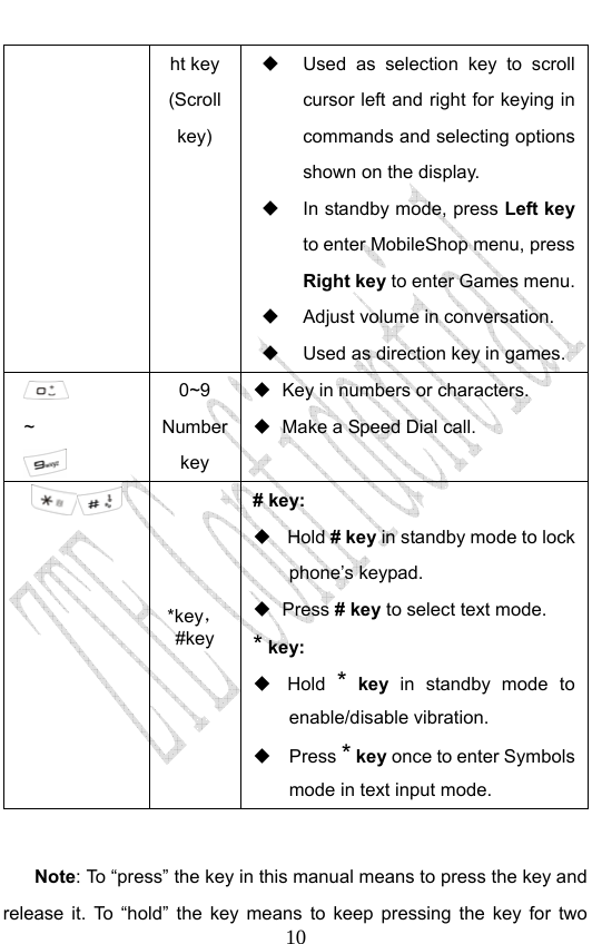                              10ht key (Scroll key)   Used as selection key to scroll cursor left and right for keying in commands and selecting options shown on the display.   In standby mode, press Left key to enter MobileShop menu, press Right key to enter Games menu.     Adjust volume in conversation.   Used as direction key in games.  ~  0~9 Number key   Key in numbers or characters.   Make a Speed Dial call.  *key，#key  # key:  Hold # key in standby mode to lock phone’s keypad.  Press # key to select text mode. * key:  Hold * key in standby mode to enable/disable vibration.  Press * key once to enter Symbols mode in text input mode.   Note: To “press” the key in this manual means to press the key and release it. To “hold” the key means to keep pressing the key for two 