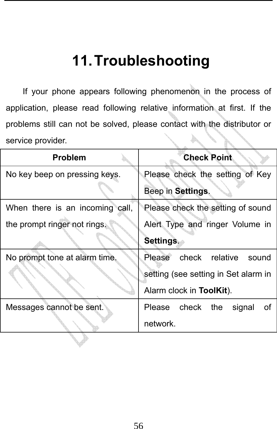                              56 11. Troubleshooting If your phone appears following phenomenon in the process of application, please read following relative information at first. If the problems still can not be solved, please contact with the distributor or service provider. Problem Check Point No key beep on pressing keys.  Please check the setting of Key Beep in Settings. When there is an incoming call, the prompt ringer not rings. Please check the setting of sound Alert Type and ringer Volume in Settings. No prompt tone at alarm time.  Please  check  relative  sound setting (see setting in Set alarm in Alarm clock in ToolKit). Messages cannot be sent.  Please check the signal of network.   