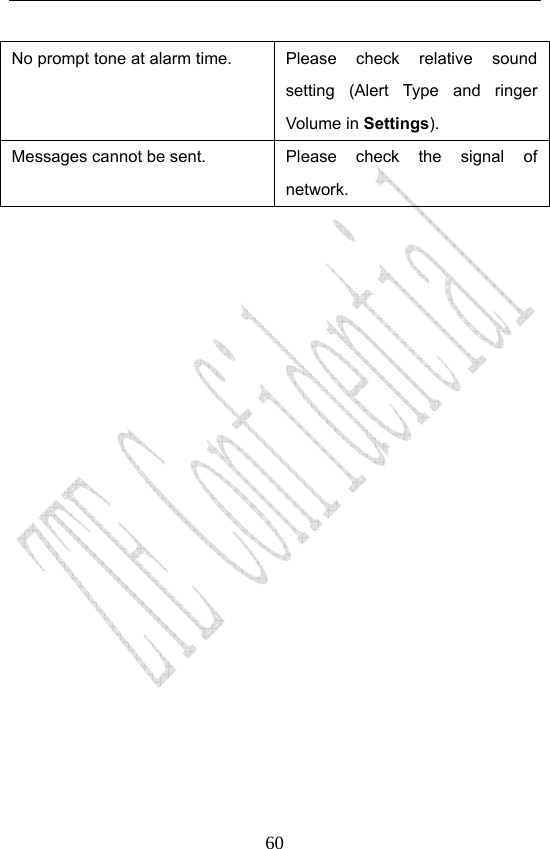                              60No prompt tone at alarm time.  Please check relative sound setting (Alert Type and ringer Volume in Settings). Messages cannot be sent.  Please check the signal of network.  