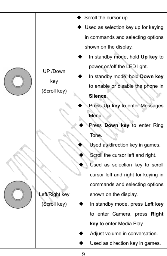                             9 UP /Down key (Scroll key)   Scroll the cursor up.   Used as selection key up for keying in commands and selecting options shown on the display.   In standby mode, hold Up key to power on/off the LED light.   In standby mode, hold Down key to enable or disable the phone in Silence.  Press Up key to enter Messages Menu.  Press Down key to enter Ring Tone.    Used as direction key in games.   Left/Right key(Scroll key)   Scroll the cursor left and right.   Used as selection key to scroll cursor left and right for keying in commands and selecting options shown on the display.   In standby mode, press Left key to enter Camera, press Right key to enter Media Play.     Adjust volume in conversation.   Used as direction key in games. 