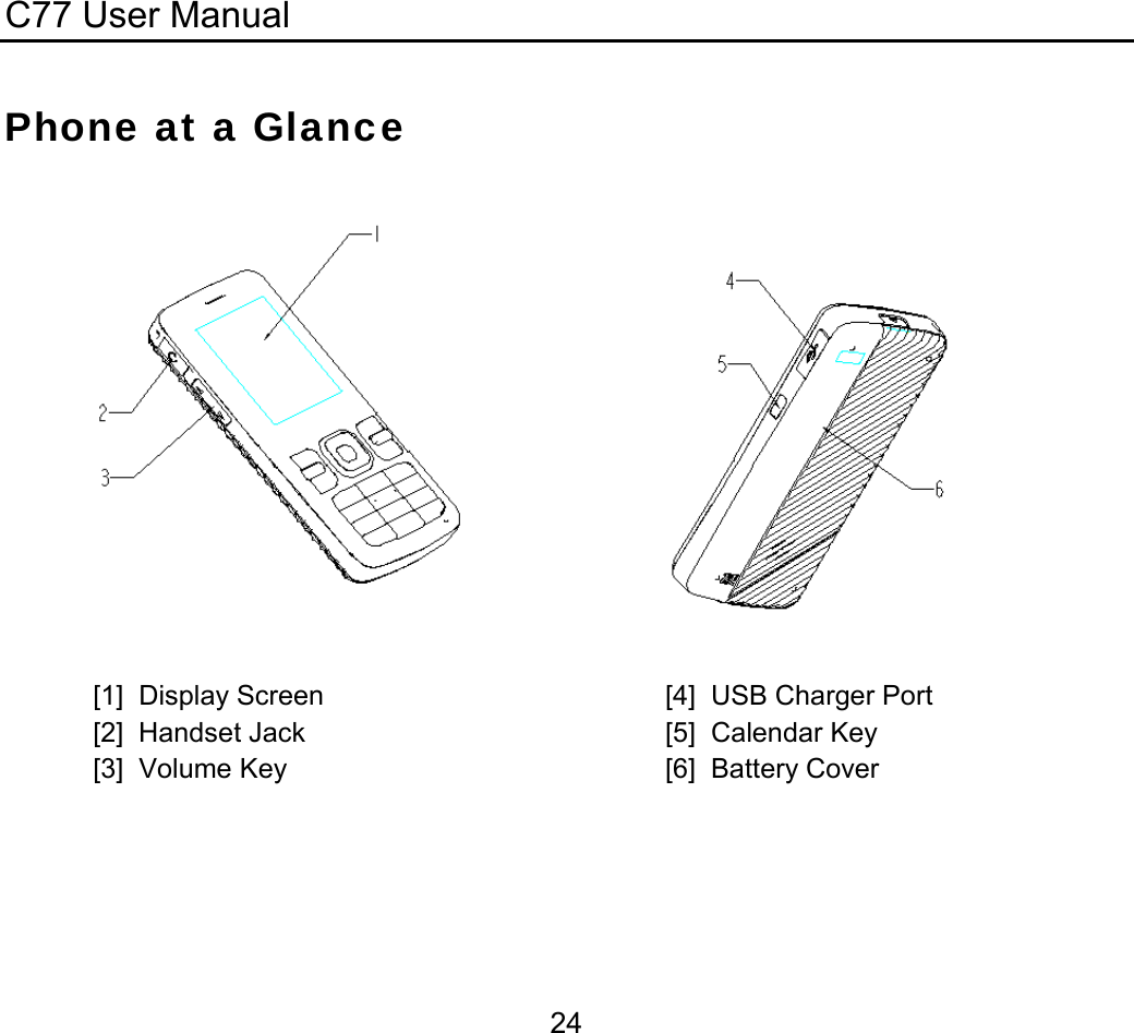 C77 User Manual  24Phone at a Glance           [1]  Display Screen      [4]  USB Charger Port  [2]  Handset Jack      [5]  Calendar Key [3]  Volume Key   [6]  Battery Cover   