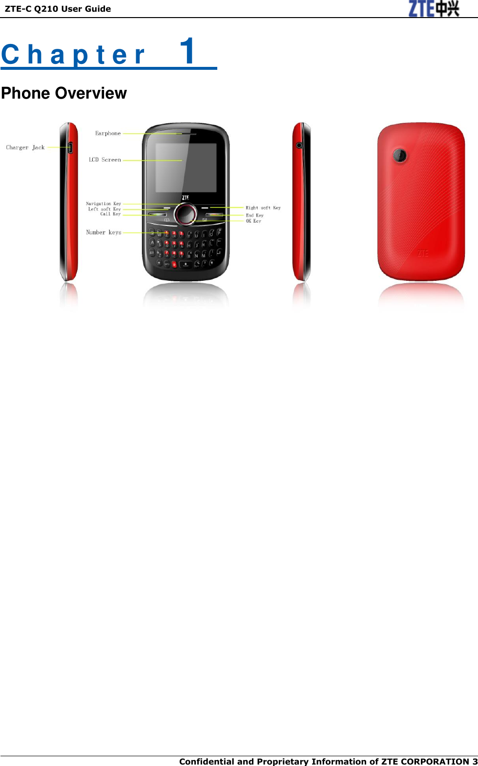  ZTE-C Q210 User Guide  Confidential and Proprietary Information of ZTE CORPORATION 3    C h a p t e r    1   Phone Overview 