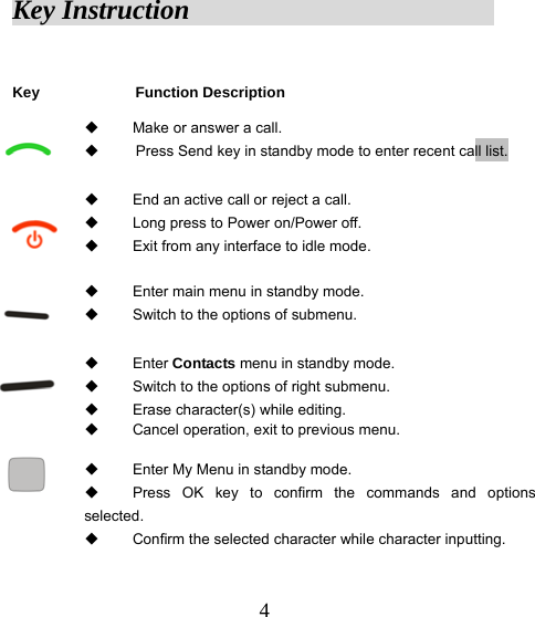  4Key Instruction                       Key  Function Description    Make or answer a call.         Press Send key in standby mode to enter recent call list.          End an active call or reject a call.   Long press to Power on/Power off.     Exit from any interface to idle mode.     Enter main menu in standby mode.   Switch to the options of submenu.   Enter Contacts menu in standby mode.   Switch to the options of right submenu.   Erase character(s) while editing.   Cancel operation, exit to previous menu.     Enter My Menu in standby mode.   Press OK key to confirm the commands and options selected.   Confirm the selected character while character inputting. 