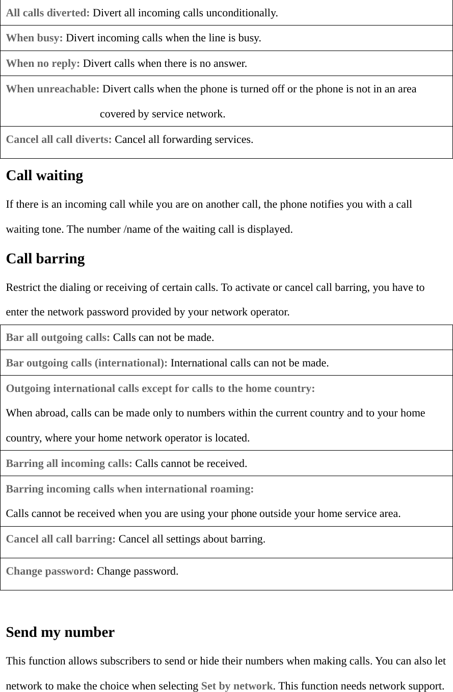 All calls diverted: Divert all incoming calls unconditionally. When busy: Divert incoming calls when the line is busy.   When no reply: Divert calls when there is no answer. When unreachable: Divert calls when the phone is turned off or the phone is not in an area covered by service network. Cancel all call diverts: Cancel all forwarding services. Call waiting If there is an incoming call while you are on another call, the phone notifies you with a call waiting tone. The number /name of the waiting call is displayed. Call barring Restrict the dialing or receiving of certain calls. To activate or cancel call barring, you have to enter the network password provided by your network operator. Bar all outgoing calls: Calls can not be made. Bar outgoing calls (international): International calls can not be made. Outgoing international calls except for calls to the home country:   When abroad, calls can be made only to numbers within the current country and to your home country, where your home network operator is located. Barring all incoming calls: Calls cannot be received. Barring incoming calls when international roaming:  Calls cannot be received when you are using your phone outside your home service area. Cancel all call barring: Cancel all settings about barring. Change password: Change password.    Send my number This function allows subscribers to send or hide their numbers when making calls. You can also let network to make the choice when selecting Set by network. This function needs network support.  