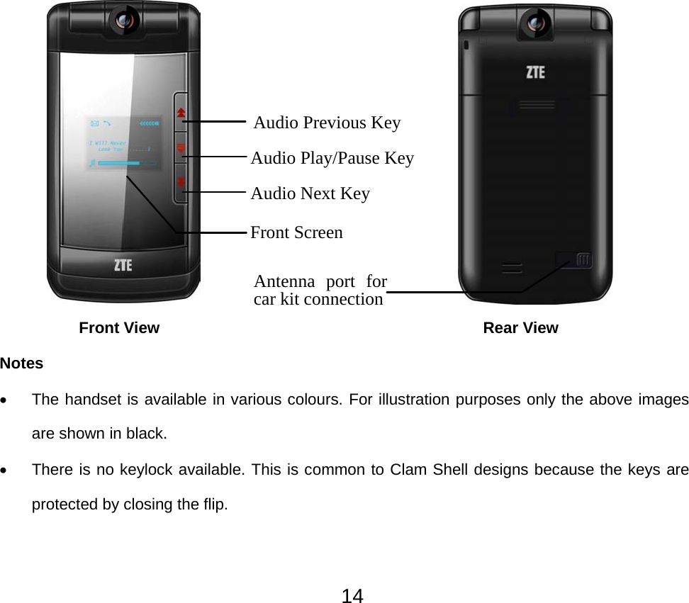  14                                  Front View        Rear View Notes •  The handset is available in various colours. For illustration purposes only the above images are shown in black. •  There is no keylock available. This is common to Clam Shell designs because the keys are protected by closing the flip.  Audio Previous KeyAudio Play/Pause KeyAudio Next KeyFront ScreenAntenna port for car kit connection 