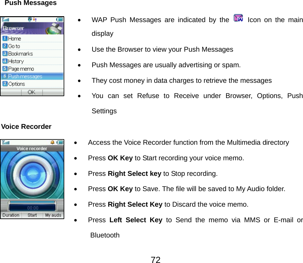  72 Push Messages •  WAP Push Messages are indicated by the   Icon on the main display •  Use the Browser to view your Push Messages •  Push Messages are usually advertising or spam. •  They cost money in data charges to retrieve the messages •  You can set Refuse to Receive under Browser, Options, Push Settings Voice Recorder     •  Access the Voice Recorder function from the Multimedia directory • Press OK Key to Start recording your voice memo. • Press Right Select key to Stop recording.   • Press OK Key to Save. The file will be saved to My Audio folder. • Press Right Select Key to Discard the voice memo. • Press Left Select Key to Send the memo via MMS or E-mail or Bluetooth 