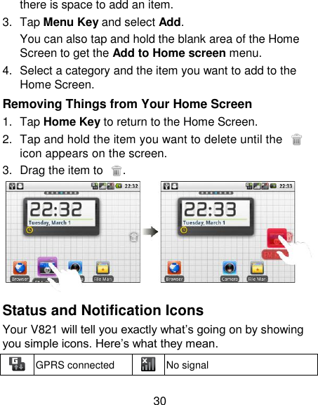 30 there is space to add an item. 3.  Tap Menu Key and select Add. You can also tap and hold the blank area of the Home Screen to get the Add to Home screen menu. 4.  Select a category and the item you want to add to the Home Screen. Removing Things from Your Home Screen 1.  Tap Home Key to return to the Home Screen. 2.  Tap and hold the item you want to delete until the   icon appears on the screen. 3.  Drag the item to  .  Status and Notification Icons Your V821 will tell you exactly what‘s going on by showing you simple icons. Here‘s what they mean.  GPRS connected  No signal 