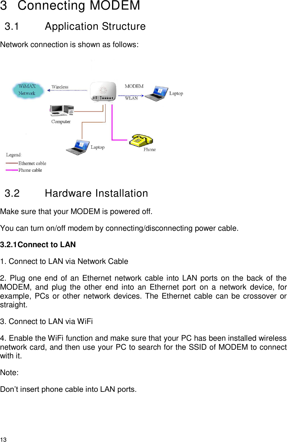 13 3  Connecting MODEM 3.1  Application Structure Network connection is shown as follows:    3.2  Hardware Installation Make sure that your MODEM is powered off. You can turn on/off modem by connecting/disconnecting power cable. 3.2.1 Connect to LAN 1. Connect to LAN via Network Cable   2. Plug one end of an Ethernet network cable into LAN ports on the back of the MODEM,  and  plug  the  other  end  into  an  Ethernet  port  on  a  network  device,  for example, PCs or other network devices. The Ethernet cable can be crossover or straight.   3. Connect to LAN via WiFi 4. Enable the WiFi function and make sure that your PC has been installed wireless network card, and then use your PC to search for the SSID of MODEM to connect with it.     Note: Don’t insert phone cable into LAN ports. 