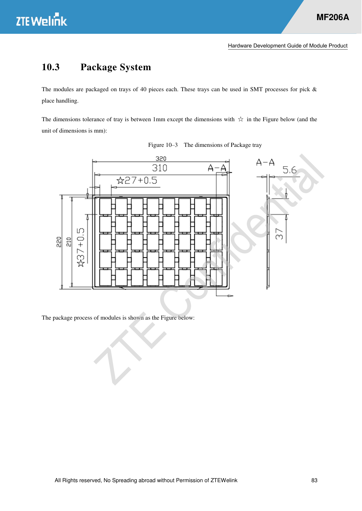  Hardware Development Guide of Module Product  All Rights reserved, No Spreading abroad without Permission of ZTEWelink  83    MF206A 10.3 Package System The modules are packaged on trays of 40 pieces each. These trays can be used in SMT processes for pick &amp; place handling.   The dimensions tolerance of tray is between 1mm except the dimensions with  ☆  in the Figure below (and the unit of dimensions is mm): Figure 10–3   The dimensions of Package tray  The package process of modules is shown as the Figure below: 