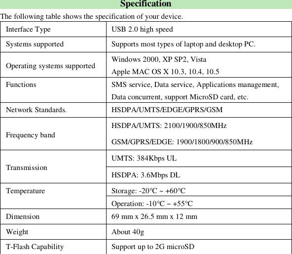   Specification The following table shows the specification of your device. Interface Type  USB 2.0 high speed Systems supported  Supports most types of laptop and desktop PC. Operating systems supported  Windows 2000, XP SP2, Vista Apple MAC OS X 10.3, 10.4, 10.5 Functions  SMS service, Data service, Applications management, Data concurrent, support MicroSD card, etc. Network Standards.  HSDPA/UMTS/EDGE/GPRS/GSM Frequency band  HSDPA/UMTS: 2100/1900/850MHz GSM/GPRS/EDGE: 1900/1800/900/850MHz UMTS: 384Kbps UL Transmission  HSDPA: 3.6Mbps DL Storage: -20°C ~ +60°C Temperature Operation: -10°C ~ +55°C Dimension  69 mm x 26.5 mm x 12 mm Weight  About 40g T-Flash Capability  Support up to 2G microSD 