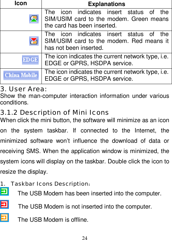   24 Icon  Explanations  The icon indicates insert status of the SIM/USIM card to the modem. Green means the card has been inserted.  The icon indicates insert status of the SIM/USIM card to the modem. Red means it has not been inserted.  The icon indicates the current network type, i.e. EDGE or GPRS, HSDPA service.  The icon indicates the current network type, i.e. EDGE or GPRS, HSDPA service. 3. User Area: Show the man-computer interaction information under various conditions. 3.1.2 Description of Mini Icons When click the mini button, the software will minimize as an icon on the system taskbar. If connected to the Internet, the minimized software won’t influence the download of data or receiving SMS. When the application window is minimized, the system icons will display on the taskbar. Double click the icon to resize the display. 1. Taskbar Icons Description：    The USB Modem has been inserted into the computer.     The USB Modem is not inserted into the computer.    The USB Modem is offline. 