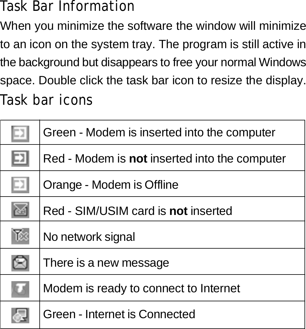 Task Bar Information When you minimize the software the window will minimize to an icon on the system tray. The program is still active in the background but disappears to free your normal Windows space. Double click the task bar icon to resize the display. Task bar icons  Green - Modem is inserted into the computer Red - Modem is not inserted into the computer Orange - Modem is Offline Red - SIM/USIM card is not inserted  No network signal  There is a new message  Modem is ready to connect to Internet  Green - Internet is Connected      15 