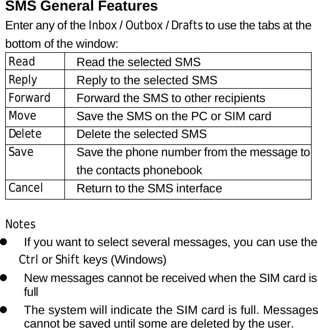 Read Read the selected SMS Reply Reply to the selected SMS Forward Forward the SMS to other recipients Move Save the SMS on the PC or SIM card Delete Delete the selected SMSSave Save the phone number from the message to the contacts phonebook Cancel Return to the SMS interfaceSMS General Features Enter any of the Inbox / Outbox / Drafts to use the tabs at the bottom of the window:               Notes z  If you want to select several messages, you can use the Ctrl or Shift keys (Windows) z  New messages cannot be received when the SIM card is full z  The system will indicate the SIM card is full. Messages cannot be saved until some are deleted by the user.         22 