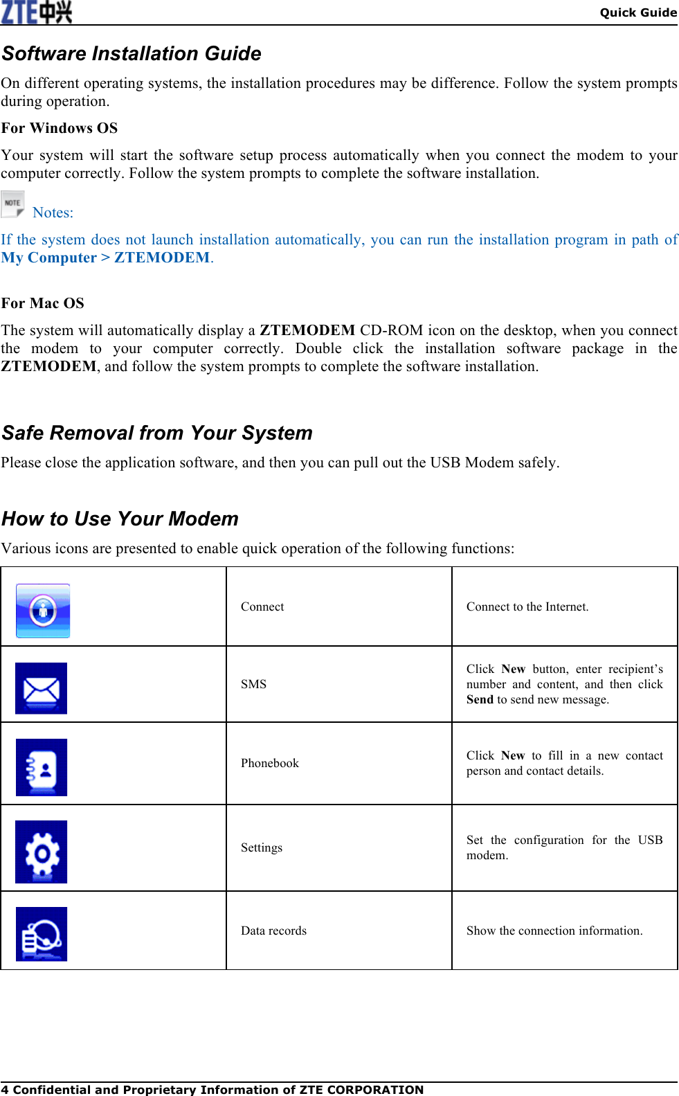  Quick Guide 4 Confidential and Proprietary Information of ZTE CORPORATION Software Installation Guide On different operating systems, the installation procedures may be difference. Follow the system prompts during operation. For Windows OS Your system will start  the  software setup process automatically  when  you  connect the modem  to  your computer correctly. Follow the system prompts to complete the software installation.  Notes: If the system does not launch installation automatically, you can run the installation program in path of My Computer &gt; ZTEMODEM.  For Mac OS The system will automatically display a ZTEMODEM CD-ROM icon on the desktop, when you connect the  modem  to  your  computer  correctly.  Double  click  the  installation  software  package  in  the ZTEMODEM, and follow the system prompts to complete the software installation.   Safe Removal from Your System Please close the application software, and then you can pull out the USB Modem safely.  How to Use Your Modem Various icons are presented to enable quick operation of the following functions:  Connect Connect to the Internet.  SMS Click  New button,  enter  recipient’s number  and  content,  and  then  click Send to send new message.  Phonebook Click  New to  fill  in  a  new  contact person and contact details.  Settings Set the  configuration  for  the  USB modem.  Data records Show the connection information.   