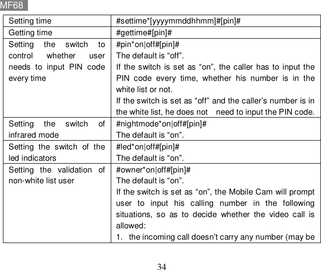 MF68    34 Setting time  #settime*[yyyymmddhhmm]#[pin]#    Getting time  #gettime#[pin]#      Setting the switch to control whether user needs to input PIN code every time #pin*on|off#[pin]# The default is “off”. If the switch is set as “on”, the caller has to input the PIN code every time, whether his number is in the white list or not. If the switch is set as “off” and the caller’s number is in the white list, he does not  need to input the PIN code.  Setting the switch of infrared mode #nightmode*on|off#[pin]# The default is “on”. Setting the switch of the led indicators  #led*on|off#[pin]# The default is “on”. Setting the validation of non-white list user #owner*on|off#[pin]# The default is “on”. If the switch is set as “on”, the Mobile Cam will prompt user to input his calling number in the following situations, so as to decide whether the video call is allowed: 1. the incoming call doesn’t carry any number (may be 