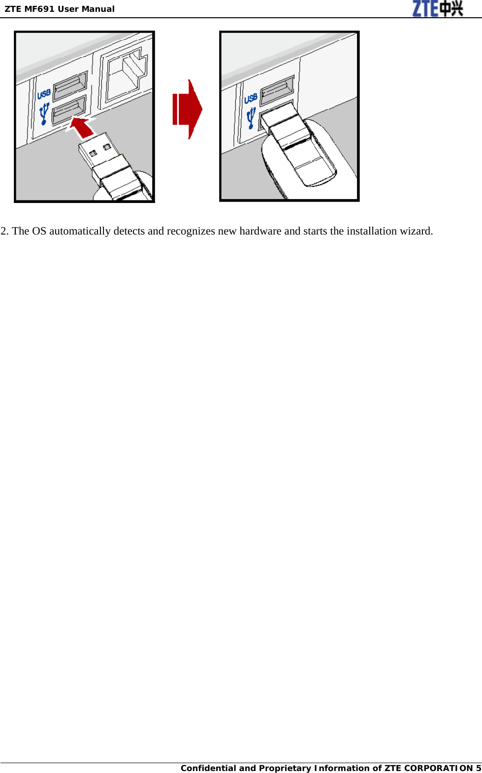  ZTE MF691 User Manual Confidential and Proprietary Information of ZTE CORPORATION 5   2. The OS automatically detects and recognizes new hardware and starts the installation wizard.   