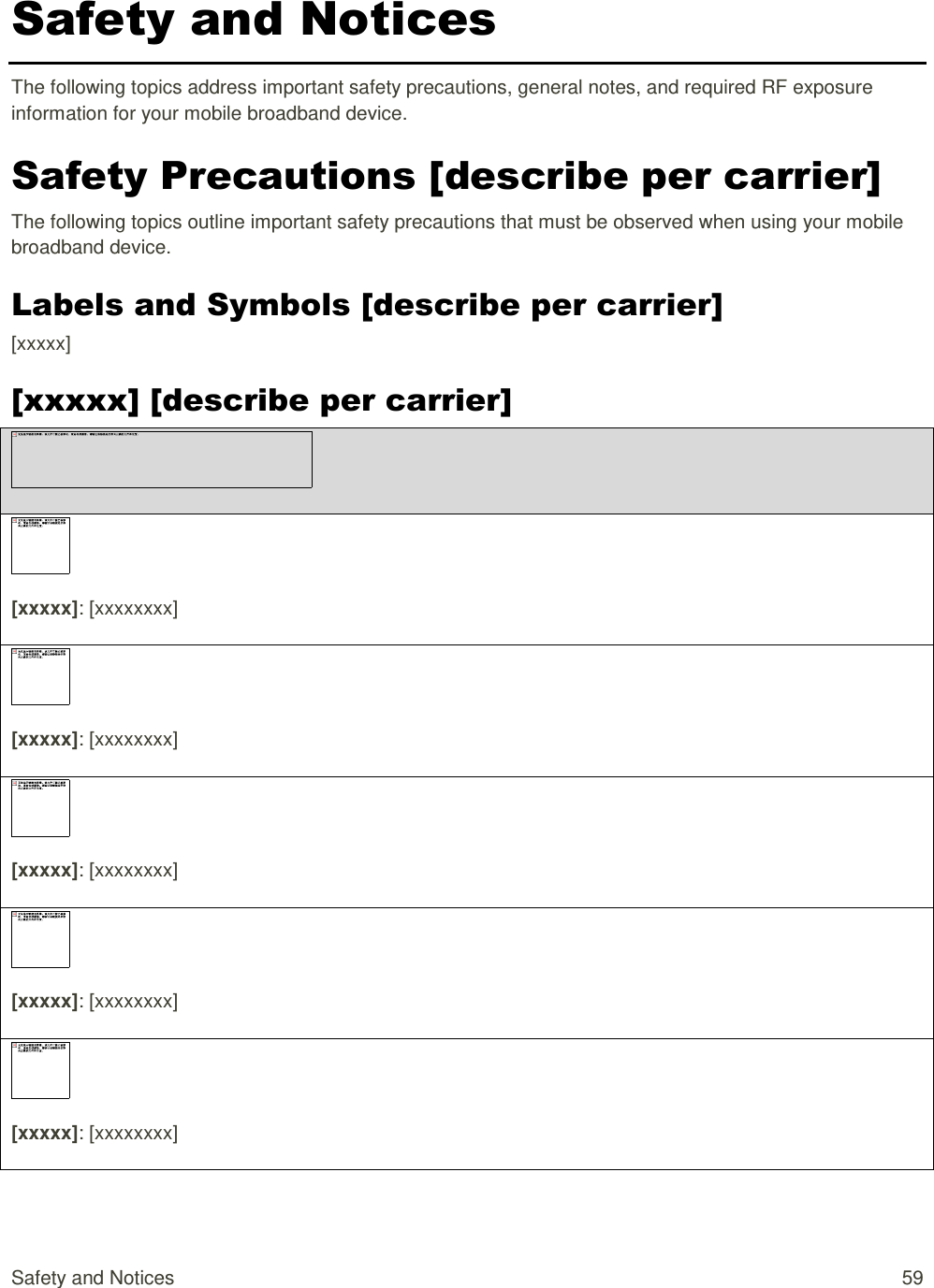 Safety and Notices  59 Safety and Notices  The following topics address important safety precautions, general notes, and required RF exposure information for your mobile broadband device. Safety Precautions [describe per carrier] The following topics outline important safety precautions that must be observed when using your mobile broadband device. Labels and Symbols [describe per carrier] [xxxxx] [xxxxx] [describe per carrier]   [xxxxx]: [xxxxxxxx]  [xxxxx]: [xxxxxxxx]  [xxxxx]: [xxxxxxxx]  [xxxxx]: [xxxxxxxx]  [xxxxx]: [xxxxxxxx]  