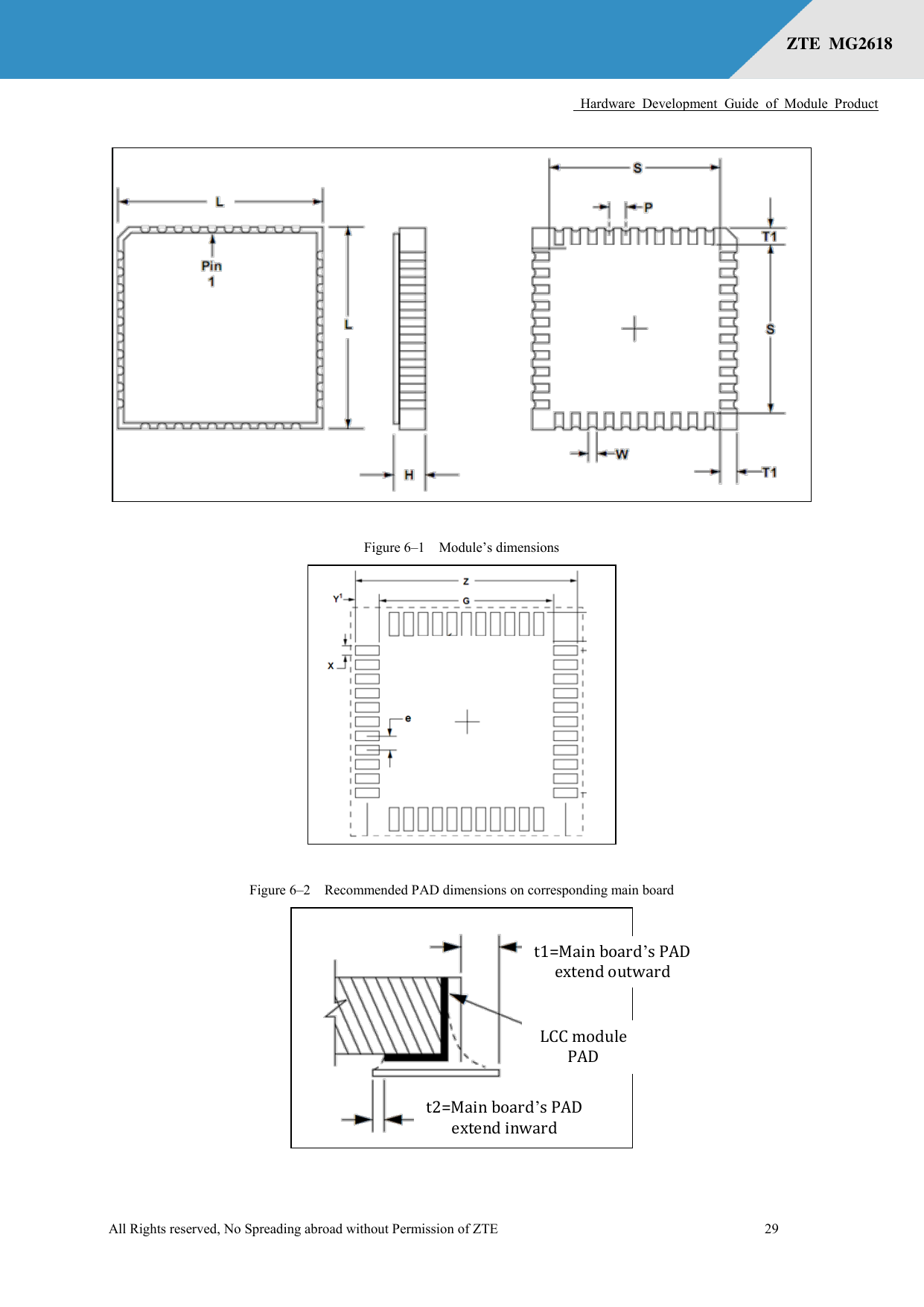      Hardware  Development  Guide  of  Module  Product  All Rights reserved, No Spreading abroad without Permission of ZTE              29 ZTE  MG2618    Figure 6–1  Module’s dimensions  Figure 6–2  Recommended PAD dimensions on corresponding main board  t2=Main board’s PAD extend inward   t1=Main board’s PAD extend outward   LCC module PAD 
