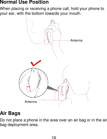 16 Normal Use Position When placing or receiving a phone call, hold your phone to your ear, with the bottom towards your mouth.   Air Bags Do not place a phone in the area over an air bag or in the air bag deployment area. Antenna Antenna 
