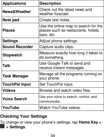 34 Applications Description News&amp;Weather Check out the latest news and weather forecast. Note pad Create text notes. Places Use the online map to search for the places such as restaurants, hotels, bars, etc. Settings Adjust phone settings. Sound Recorder Capture audio clips. Stopwatch Measure exactly how long it takes to do something. Talk   Use Google Talk to send and receive instant messages. Task Manager Manage all the programs running on your phone. TouchPal Input Set TouchPal input.   Videos Browse and watch video files. Voice Search Use your voice to search, control, and communicate. YouTube Watch YouTube videos.  Checking Your Settings To change or view your phone‟s settings, tap Home Key &gt;   &gt; Settings. 