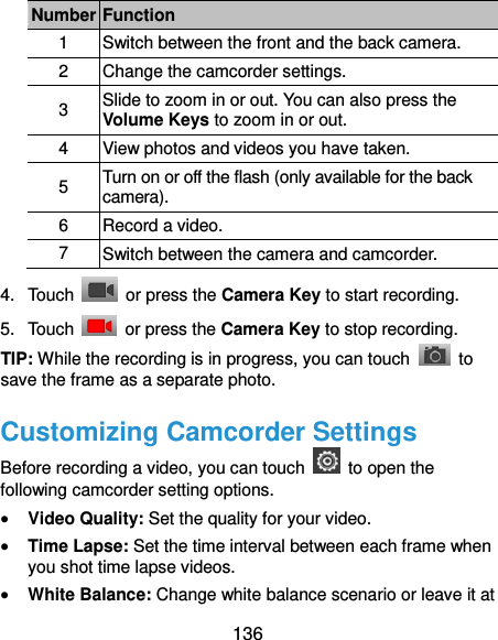  136 Number Function 1 Switch between the front and the back camera. 2 Change the camcorder settings. 3 Slide to zoom in or out. You can also press the Volume Keys to zoom in or out. 4 View photos and videos you have taken. 5 Turn on or off the flash (only available for the back camera). 6 Record a video. 7 Switch between the camera and camcorder. 4.  Touch    or press the Camera Key to start recording. 5.  Touch    or press the Camera Key to stop recording. TIP: While the recording is in progress, you can touch    to save the frame as a separate photo. Customizing Camcorder Settings Before recording a video, you can touch    to open the following camcorder setting options.  Video Quality: Set the quality for your video.  Time Lapse: Set the time interval between each frame when you shot time lapse videos.  White Balance: Change white balance scenario or leave it at 
