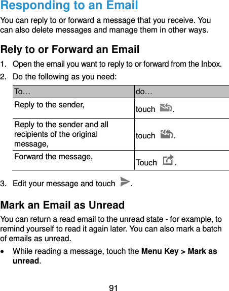  91 Responding to an Email You can reply to or forward a message that you receive. You can also delete messages and manage them in other ways. Rely to or Forward an Email 1.  Open the email you want to reply to or forward from the Inbox. 2.  Do the following as you need: To… do… Reply to the sender, touch  . Reply to the sender and all recipients of the original message, touch  . Forward the message, Touch  . 3.  Edit your message and touch  . Mark an Email as Unread You can return a read email to the unread state - for example, to remind yourself to read it again later. You can also mark a batch of emails as unread.  While reading a message, touch the Menu Key &gt; Mark as unread. 