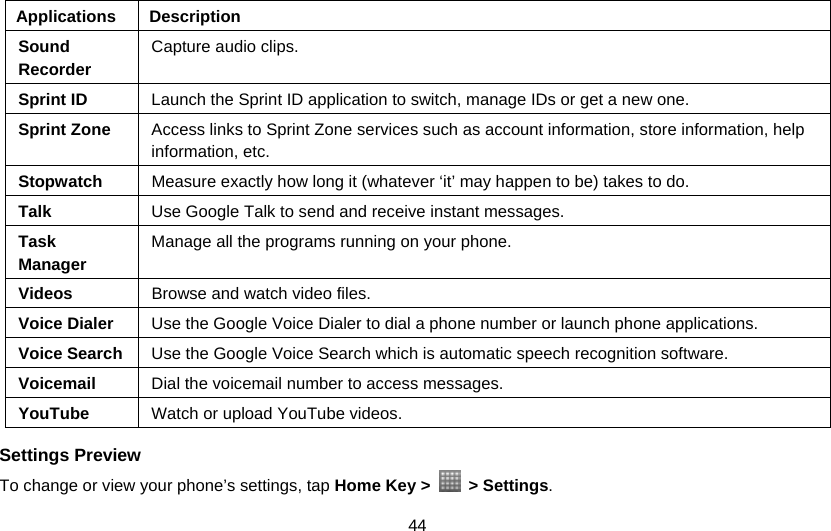 44 Applications Description Sound Recorder Capture audio clips. Sprint ID  Launch the Sprint ID application to switch, manage IDs or get a new one. Sprint Zone  Access links to Sprint Zone services such as account information, store information, help information, etc. Stopwatch  Measure exactly how long it (whatever ‘it’ may happen to be) takes to do. Talk  Use Google Talk to send and receive instant messages. Task Manager Manage all the programs running on your phone. Videos  Browse and watch video files. Voice Dialer  Use the Google Voice Dialer to dial a phone number or launch phone applications. Voice Search  Use the Google Voice Search which is automatic speech recognition software. Voicemail  Dial the voicemail number to access messages. YouTube  Watch or upload YouTube videos.  Settings Preview To change or view your phone’s settings, tap Home Key &gt;   &gt; Settings. 