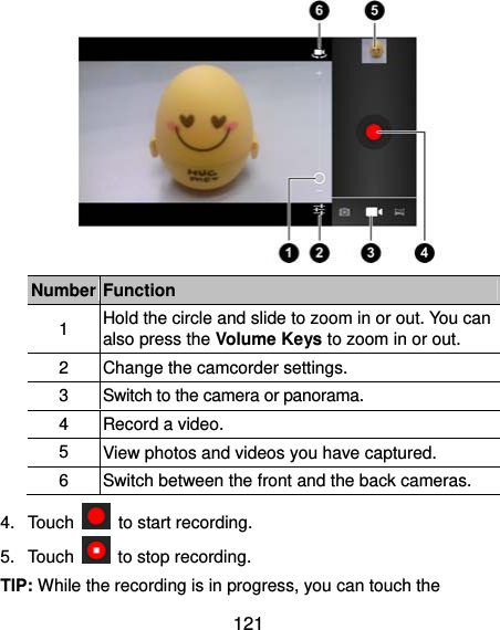  121  Number Function 1  Hold the circle and slide to zoom in or out. You can also press the Volume Keys to zoom in or out. 2  Change the camcorder settings. 3  Switch to the camera or panorama. 4  Record a video. 5  View photos and videos you have captured. 6  Switch between the front and the back cameras. 4. Touch    to start recording. 5. Touch   to stop recording. TIP: While the recording is in progress, you can touch the 