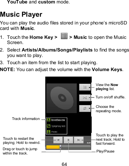 64 YouTube and custom mode. Music Player You can play the audio files stored in your phone’s microSD card with Music. 1.  Touch the Home Key &gt;    &gt; Music to open the Music Screen. 2.  Select Artists/Albums/Songs/Playlists to find the songs you want to play. 3.  Touch an item from the list to start playing. NOTE: You can adjust the volume with the Volume Keys.          Track information Touch to restart the playing; Hold to rewind. Drag or touch to jump within the track. Turn on/off shuffle. Choose the repeating mode. Touch to play the next track; Hold to fast forward. Play/Pause View the Now playing list. 