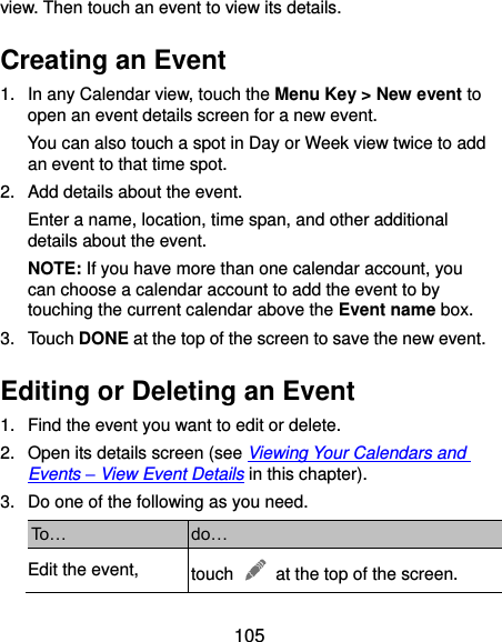  105 view. Then touch an event to view its details. Creating an Event 1.  In any Calendar view, touch the Menu Key &gt; New event to open an event details screen for a new event. You can also touch a spot in Day or Week view twice to add an event to that time spot. 2.  Add details about the event. Enter a name, location, time span, and other additional details about the event.   NOTE: If you have more than one calendar account, you can choose a calendar account to add the event to by touching the current calendar above the Event name box. 3.  Touch DONE at the top of the screen to save the new event. Editing or Deleting an Event 1.  Find the event you want to edit or delete. 2.  Open its details screen (see Viewing Your Calendars and Events – View Event Details in this chapter). 3.  Do one of the following as you need. To… do… Edit the event, touch    at the top of the screen. 