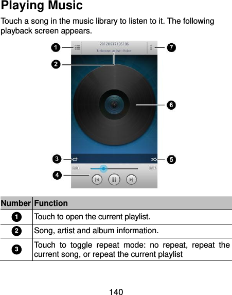  140 Playing Music Touch a song in the music library to listen to it. The following playback screen appears.  Number Function 1 Touch to open the current playlist. 2 Song, artist and album information. 3 Touch  to  toggle  repeat  mode:  no  repeat,  repeat  the current song, or repeat the current playlist 