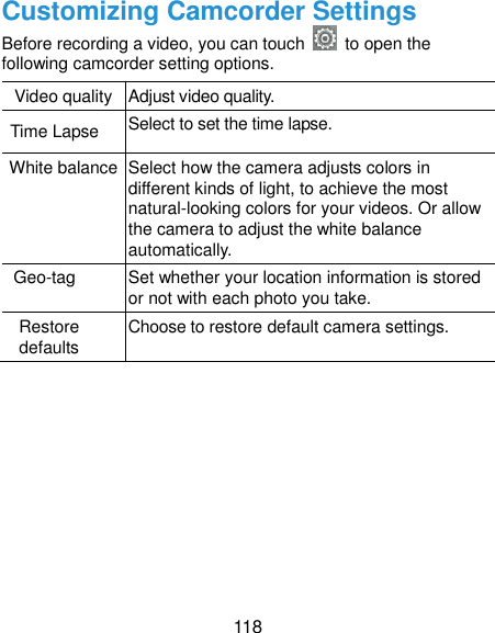  118 Customizing Camcorder Settings Before recording a video, you can touch    to open the following camcorder setting options. Video quality Adjust video quality. Time Lapse Select to set the time lapse. White balance  Select how the camera adjusts colors in different kinds of light, to achieve the most natural-looking colors for your videos. Or allow the camera to adjust the white balance automatically. Geo-tag Set whether your location information is stored or not with each photo you take. Restore defaults Choose to restore default camera settings. 