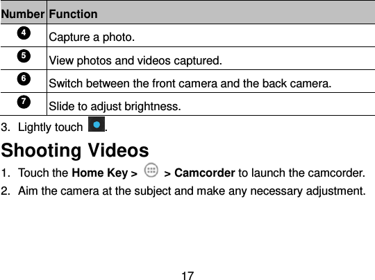  17 Number Function 4 Capture a photo. 5 View photos and videos captured. 6 Switch between the front camera and the back camera. 7 Slide to adjust brightness. 3.  Lightly touch  . Shooting Videos 1.  Touch the Home Key &gt;    &gt; Camcorder to launch the camcorder. 2.  Aim the camera at the subject and make any necessary adjustment. 