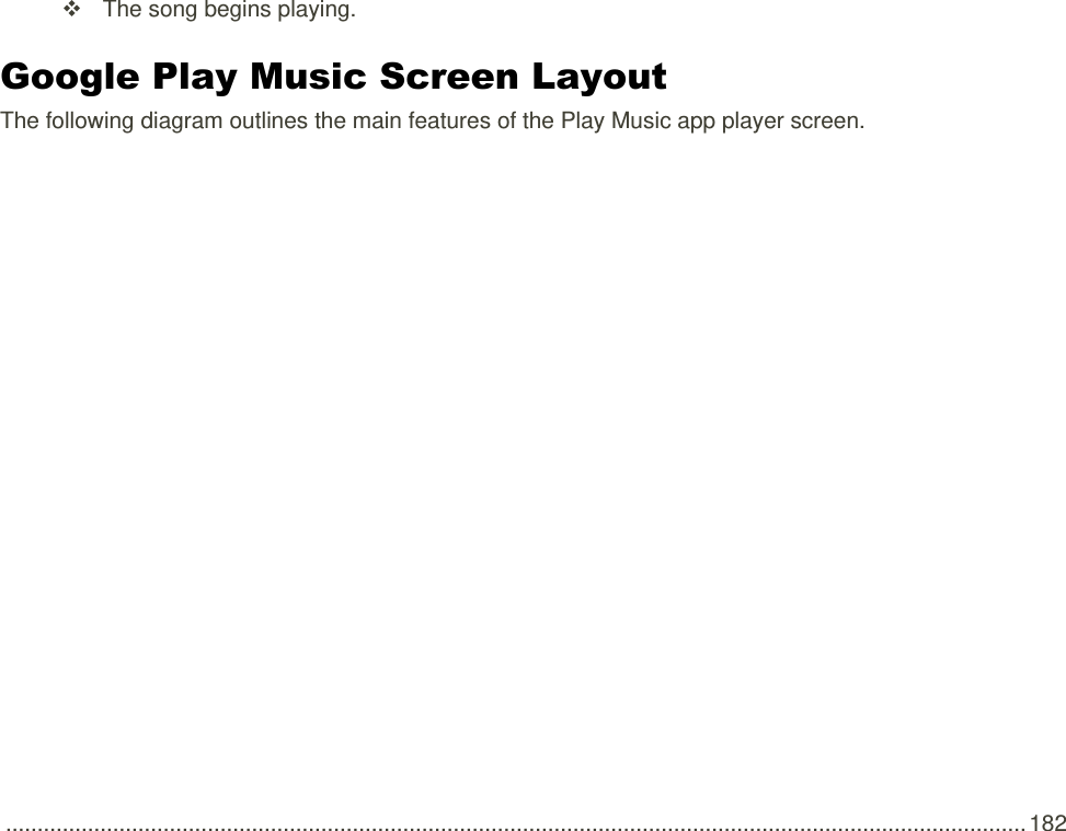  .................................................................................................................................................................. 182     The song begins playing. Google Play Music Screen Layout The following diagram outlines the main features of the Play Music app player screen.  
